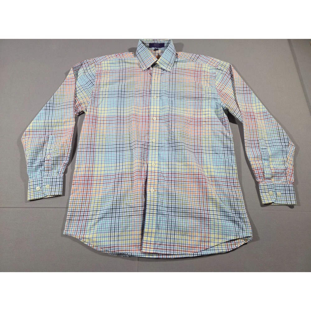 Alan Flusser Shirt Mens Small White Rainbow Plaid Dress Work Office Long Sleeve